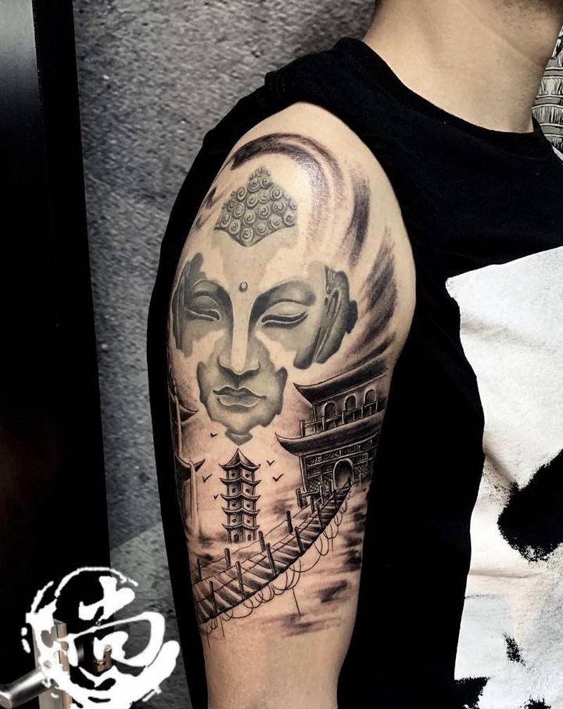 佛衔接纹身图片_手臂新传统纹身图案