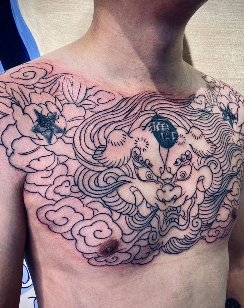 唐狮花胸遮盖，初步线条纹身图片_胸部老传统纹身图案