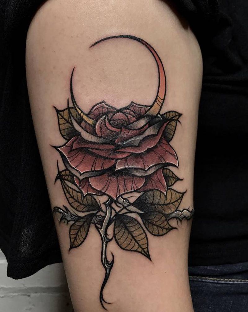 玫瑰遮盖不开心纹身图片_手臂New School玫瑰花荆棘纹身图案