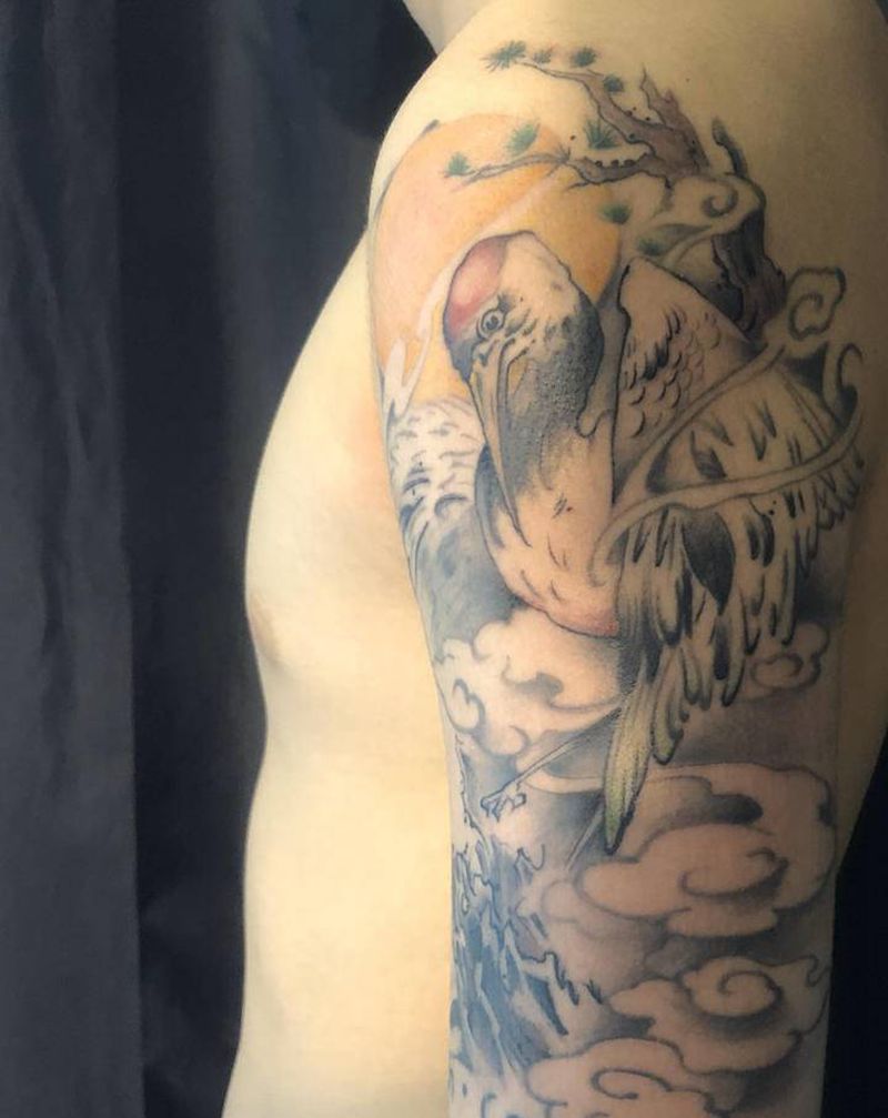 仙鹤纹身图片_手臂水彩纹身图案