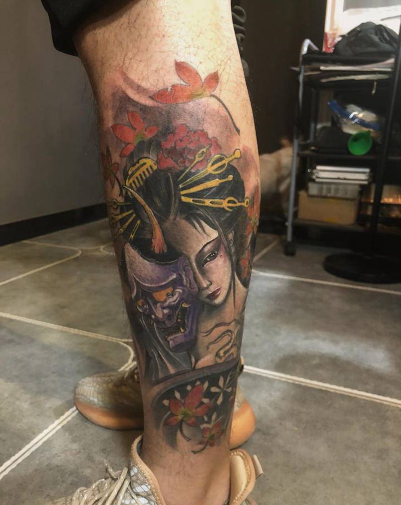 艺姬纹身图片_腿部新传统纹身图案