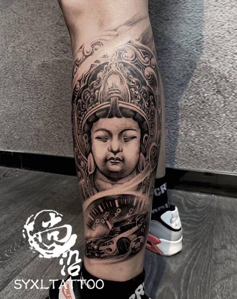 传统欧美结合纹身图片_腿部欧美写实新传统纹身图案