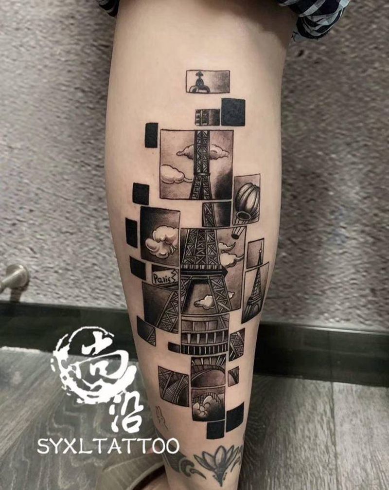 格子里的世界纹身图片_腿部欧美写实纹身图案
