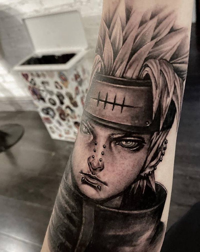 火影忍者佩恩纹身图片_手臂欧美写实火影忍者肖像纹身图案
