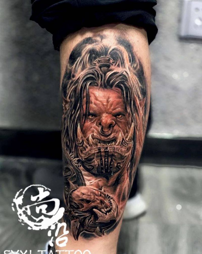 兽人纹身图片_腿部欧美写实纹身图案