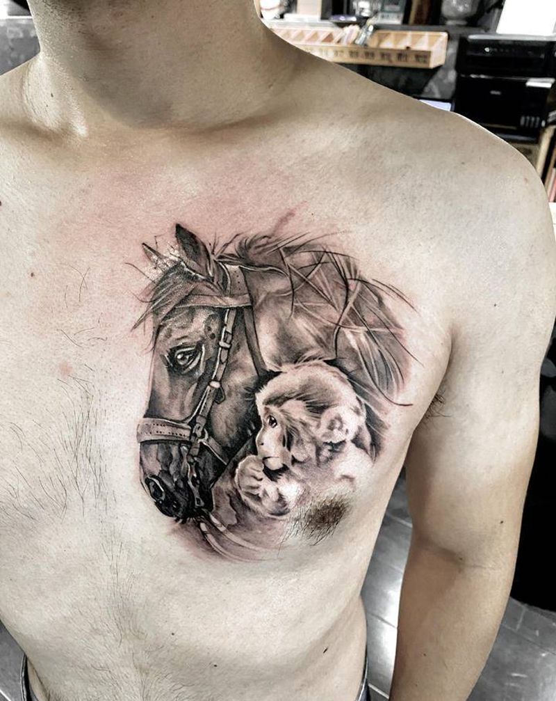 生肖纹身图片_胸部欧美写实猴马属相纹身图案