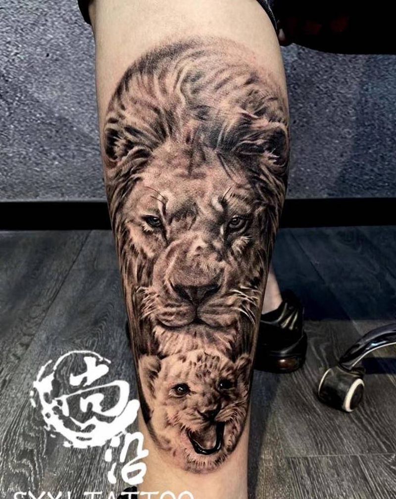 大小狮子纹身图片_腿部欧美写实纹身图案