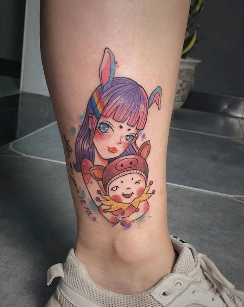 母子情纹身图片_腿部Old School纹身图案