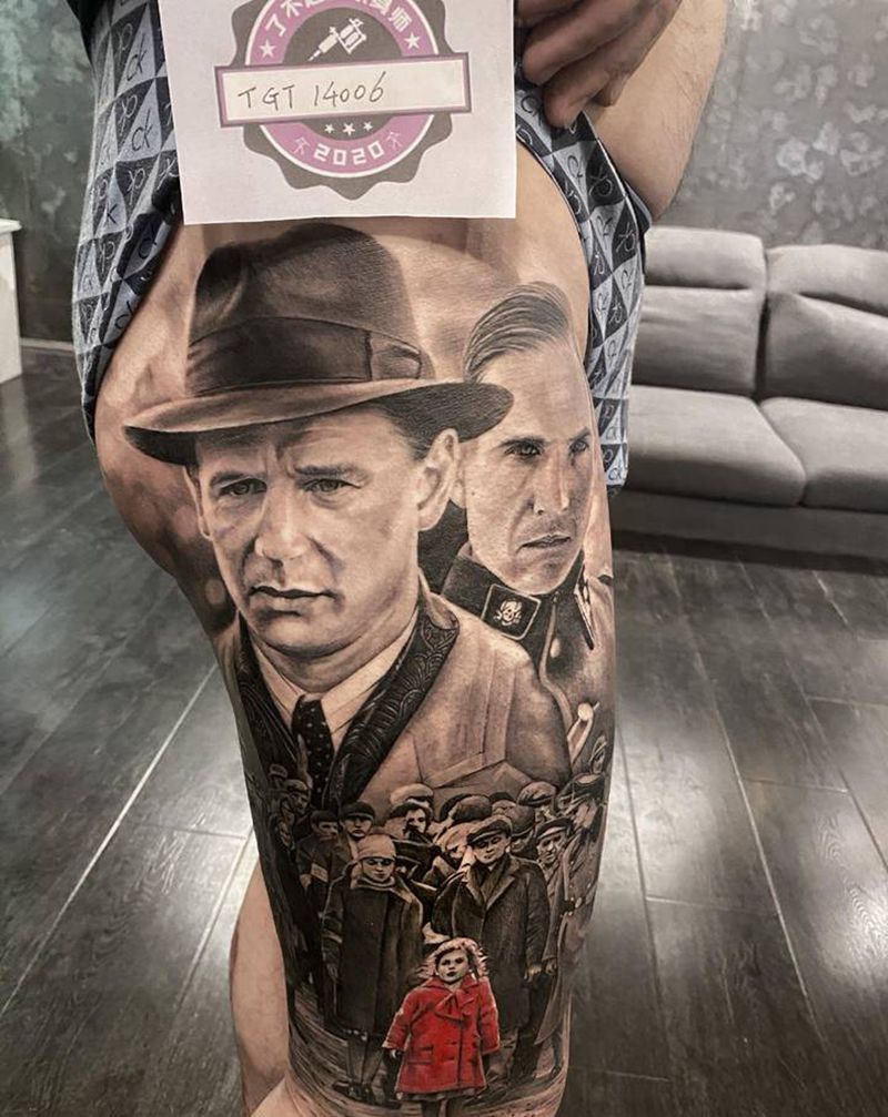 辛德勒名单纹身图片_腿部欧美写实德军犹太人小女孩纹身图案