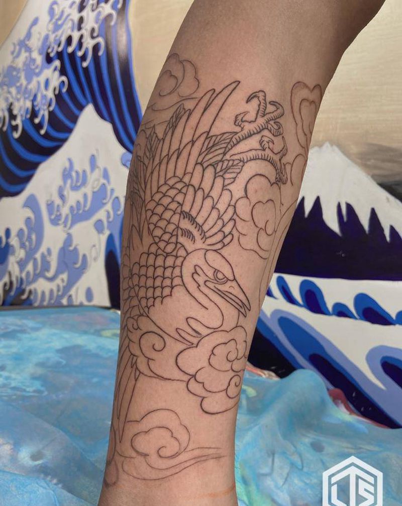 鹤纹身图片_腿部老传统纹身图案