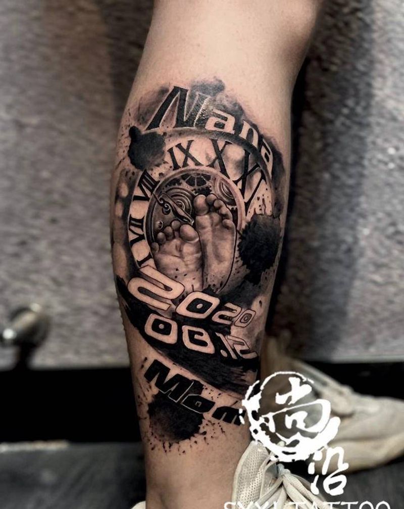 家庭纹身图片_腿部欧美写实纹身图案