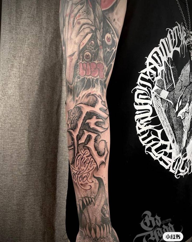 花体中文字纹身图片_手臂花体字纹身图案