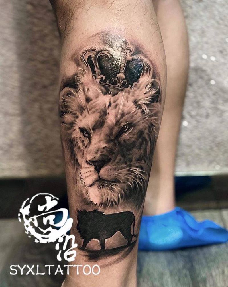 狮子狮子纹身图片_腿部欧美写实纹身图案
