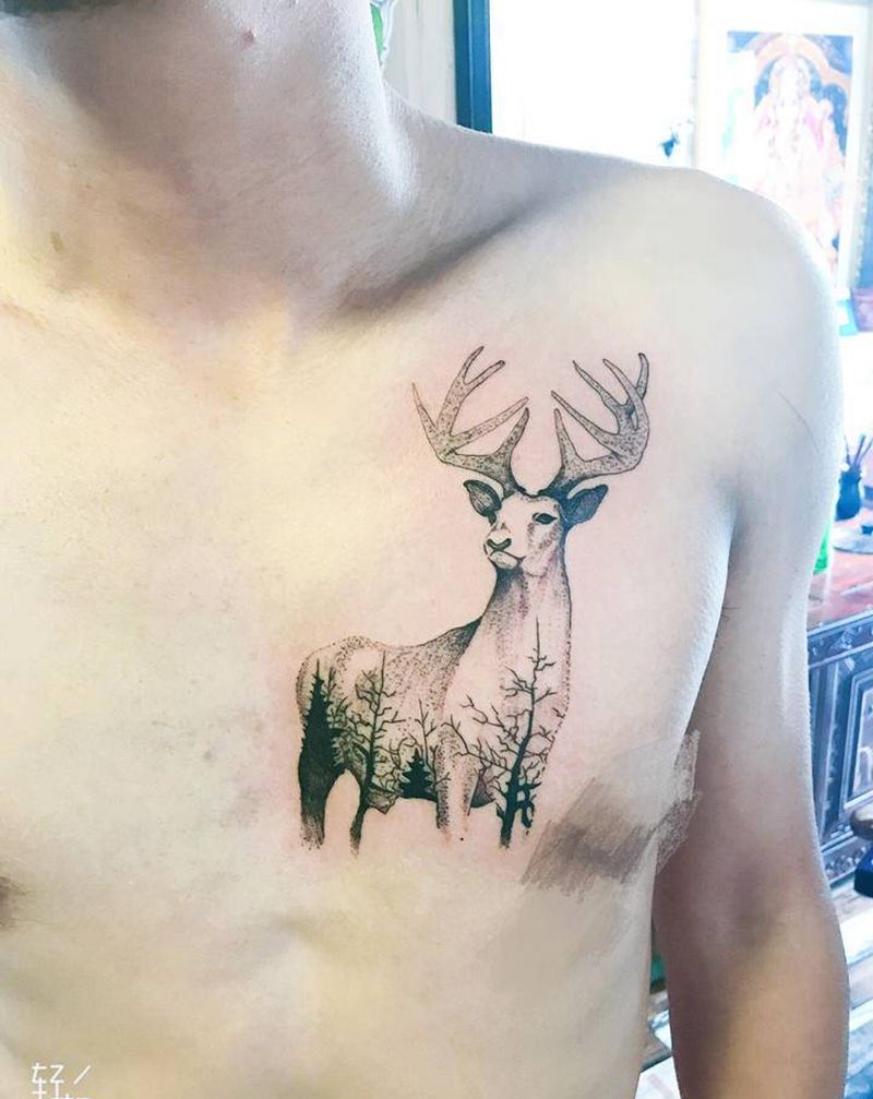 麋鹿纹身图片_胸部点刺纹身图案