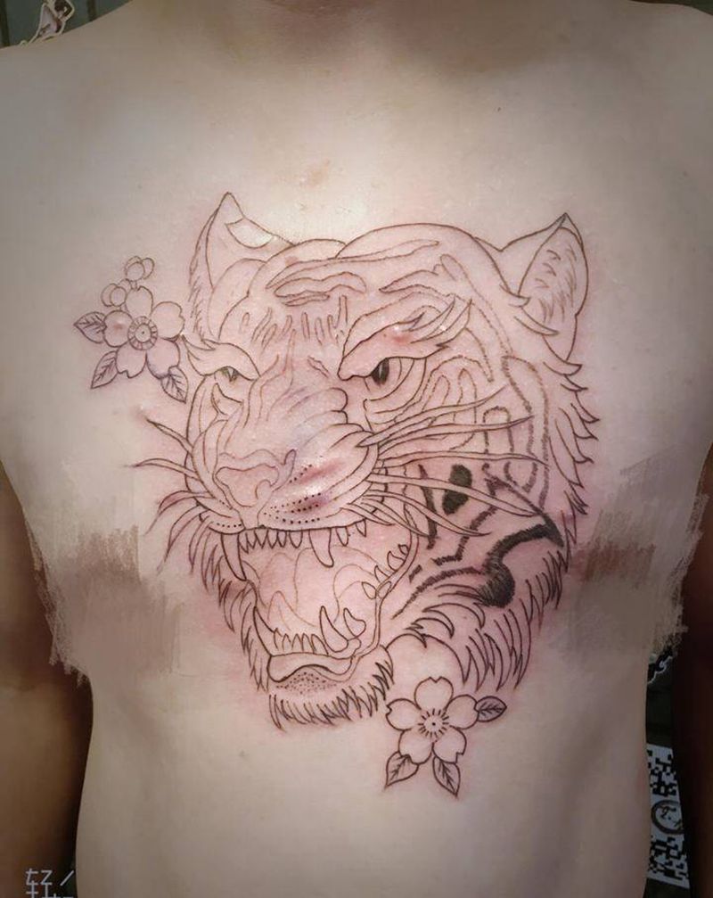school老虎纹身图片_胸部Old School纹身图案