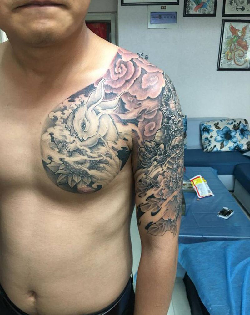 唐狮 瑞兔纹身图片_新传统纹身图案