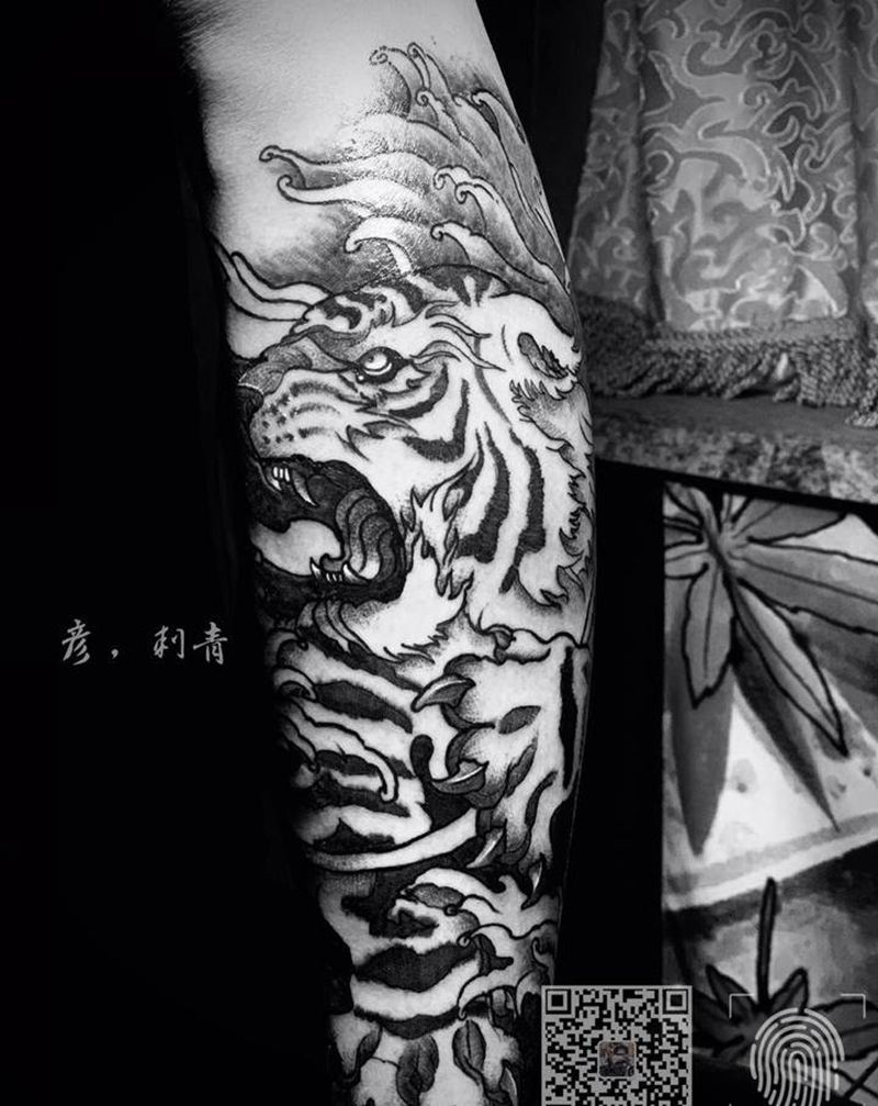 虎（未完成）纹身图片_腿部纹身图案