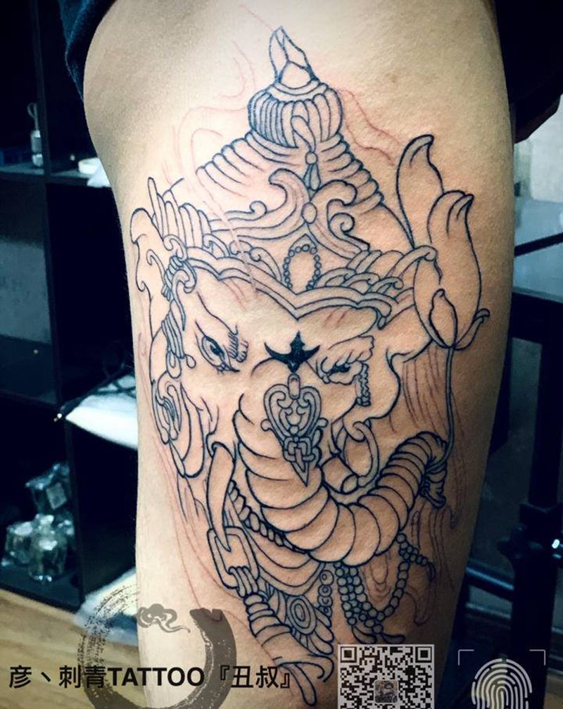 象神纹身图片_腿部老传统纹身图案