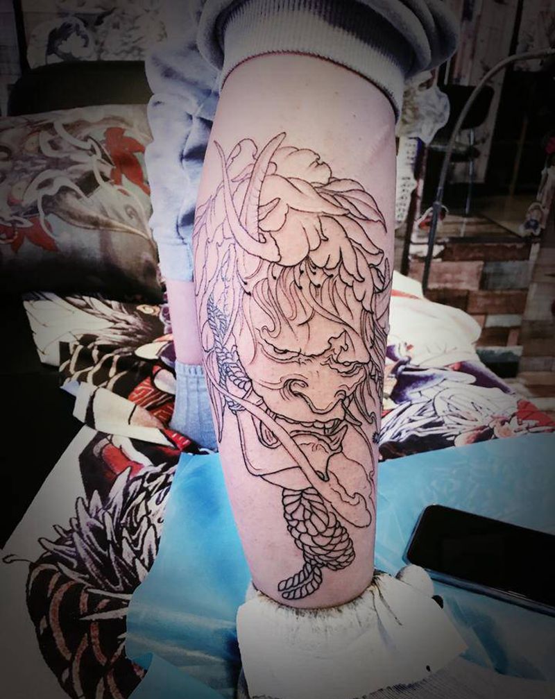 般若纹身图片_腿部新传统纹身图案