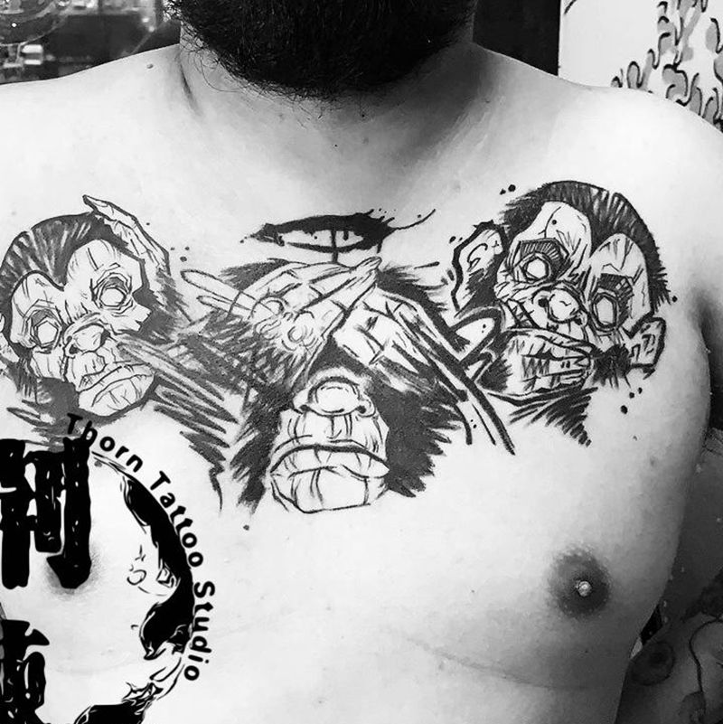 一不做二不休三不猴纹身图片_胸部欧美写实纹身图案