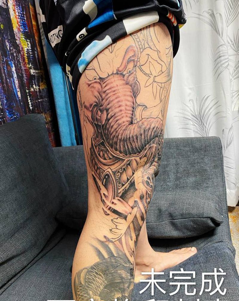 象神纹身图片_腿部新传统纹身图案