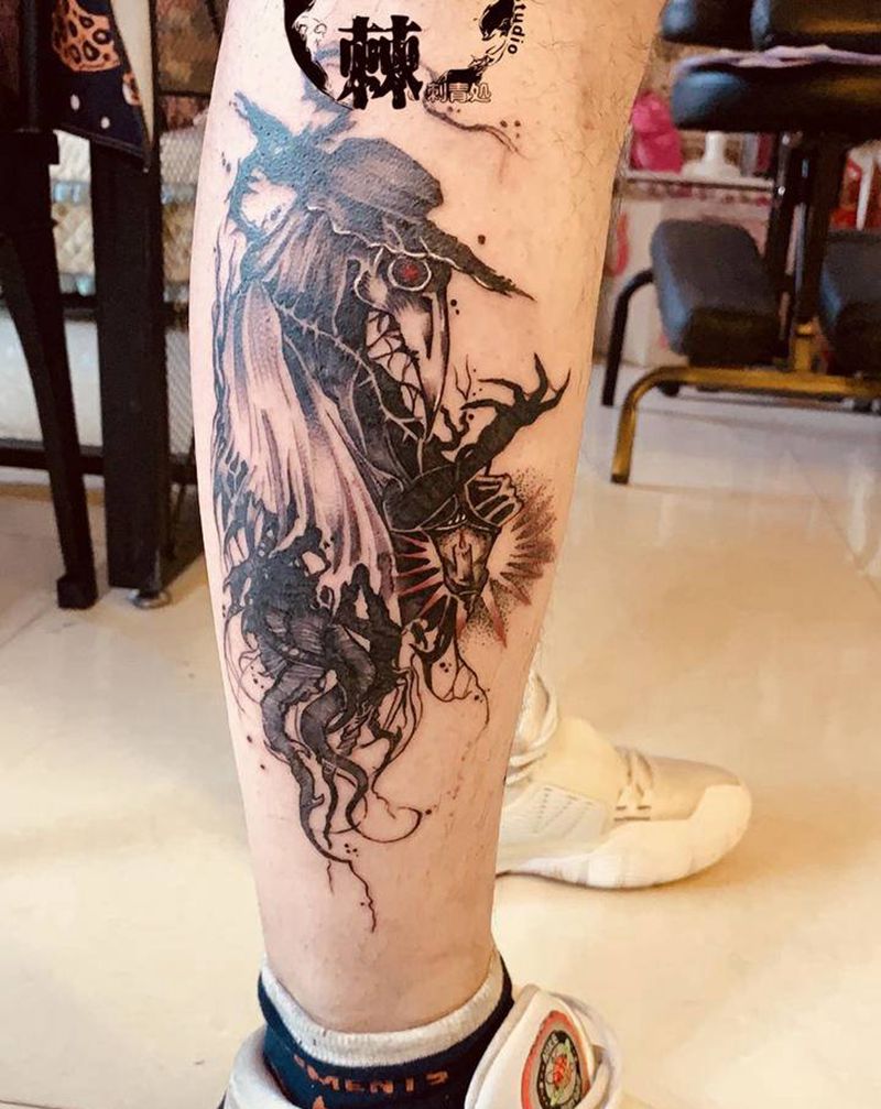 blackwork瘟疫医生纹身图片_腿部纹身图案