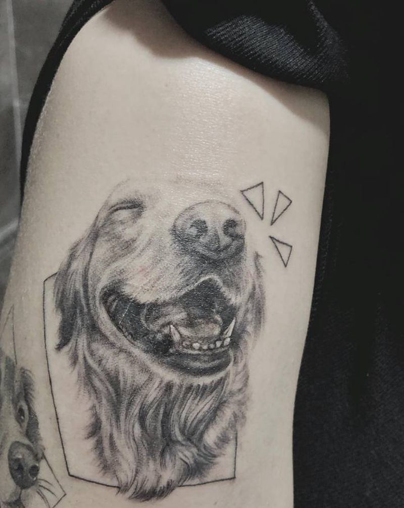 爱笑的金毛毛纹身图片_手臂欧美写实纹身图案