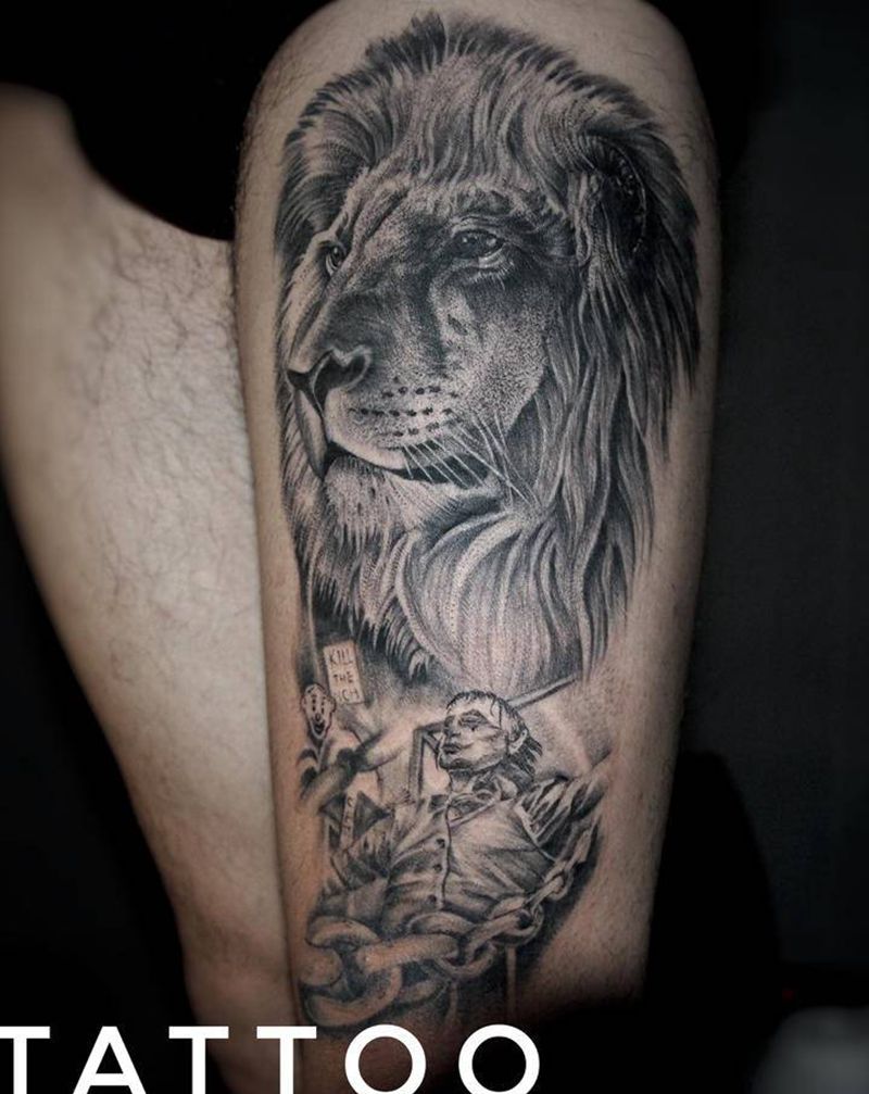 训狮人纹身图片_腿部欧美写实纹身图案