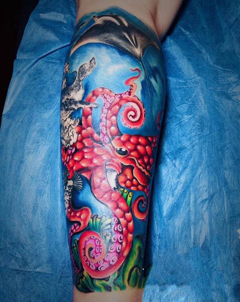 海底世界纹身图片_腿部New School纹身图案