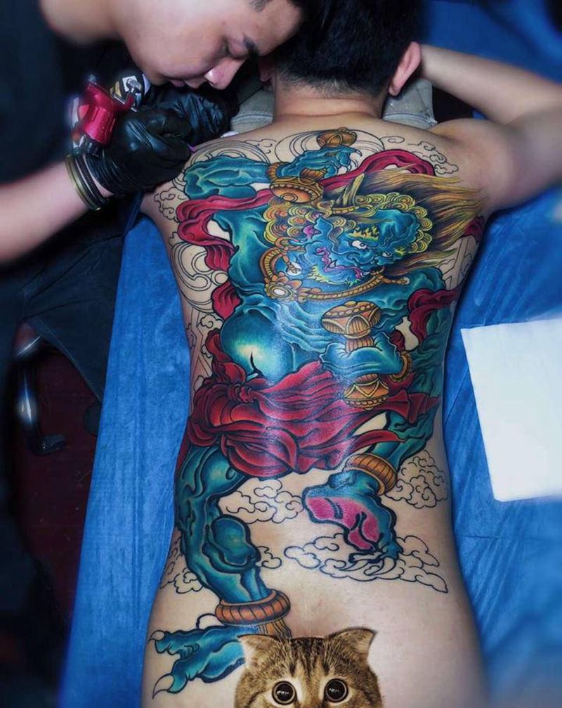 雷神纹身图片_背部老传统新传统纹身图案