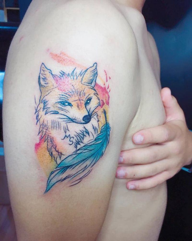 狐狸纹身图片_手臂水彩纹身图案