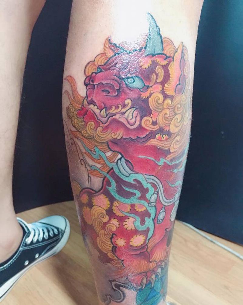 唐狮纹身图片_腿部新传统纹身图案