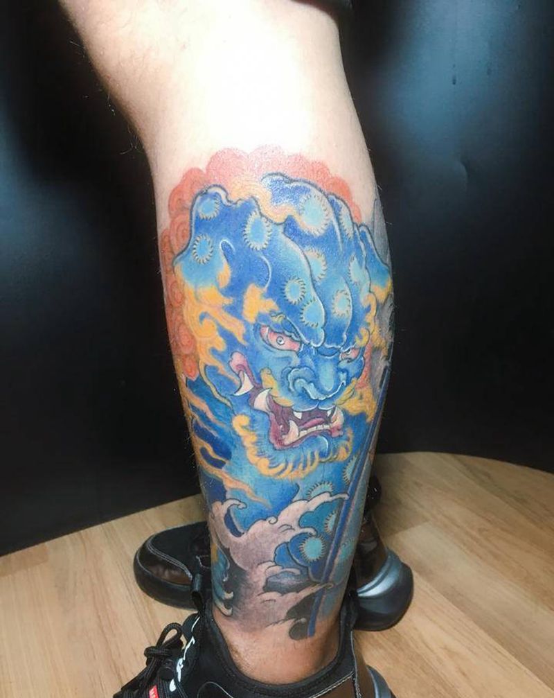 唐狮纹身图片_腿部新传统纹身图案