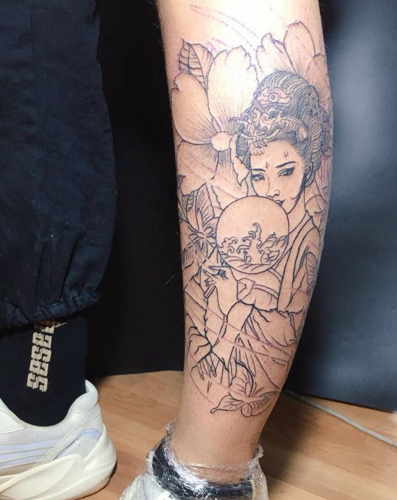 小腿艺妓纹身图片_腿部新传统纹身图案