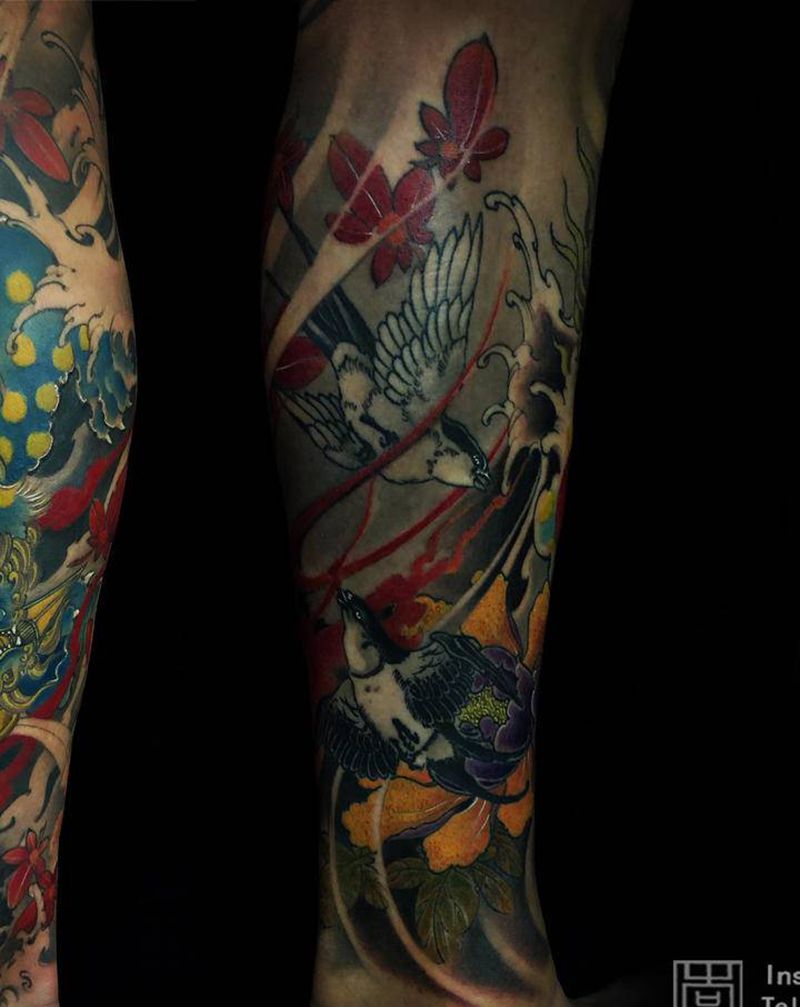 唐狮包小腿纹身图片_腿部新传统纹身图案