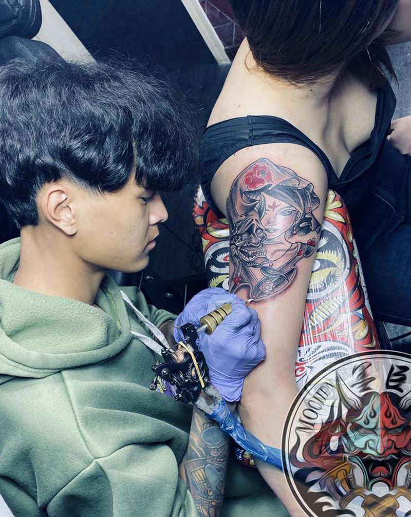 般若艺妓纹身图片_手臂新传统艺妓艺姬般若纹身图案