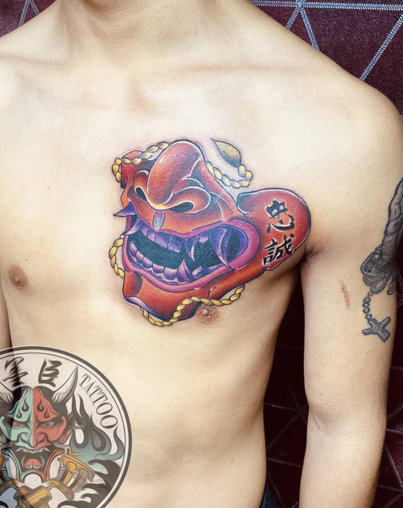 般若面具纹身图片_胸部新传统老传统般若面具重彩纹身图案