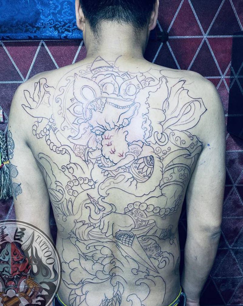 象神纹身图片_肩部背部新传统老传统象神雾水浪纹身图案