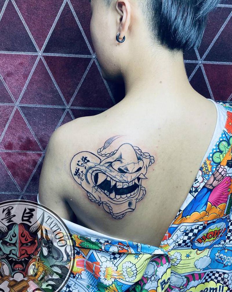 面具纹身图片_肩部背部新传统老传统般若面具遮盖纹身图案