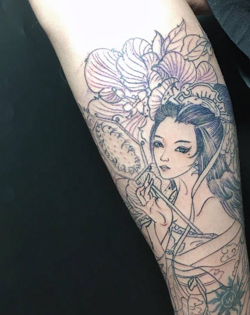 艺妓线条纹身图片_腿部新传统纹身图案