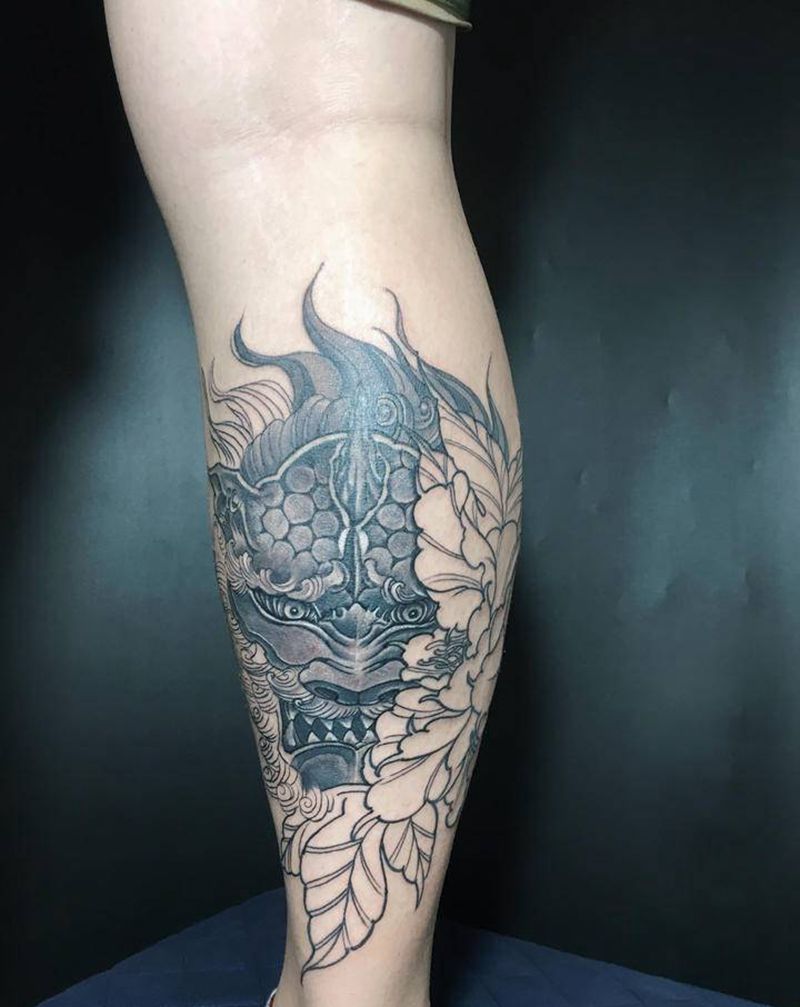 唐狮未完纹身图片_腿部新传统纹身图案