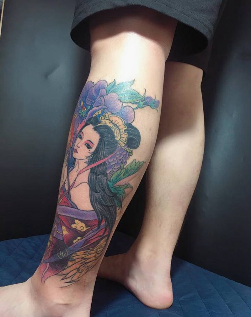 艺妓纹身图片_腿部新传统纹身图案