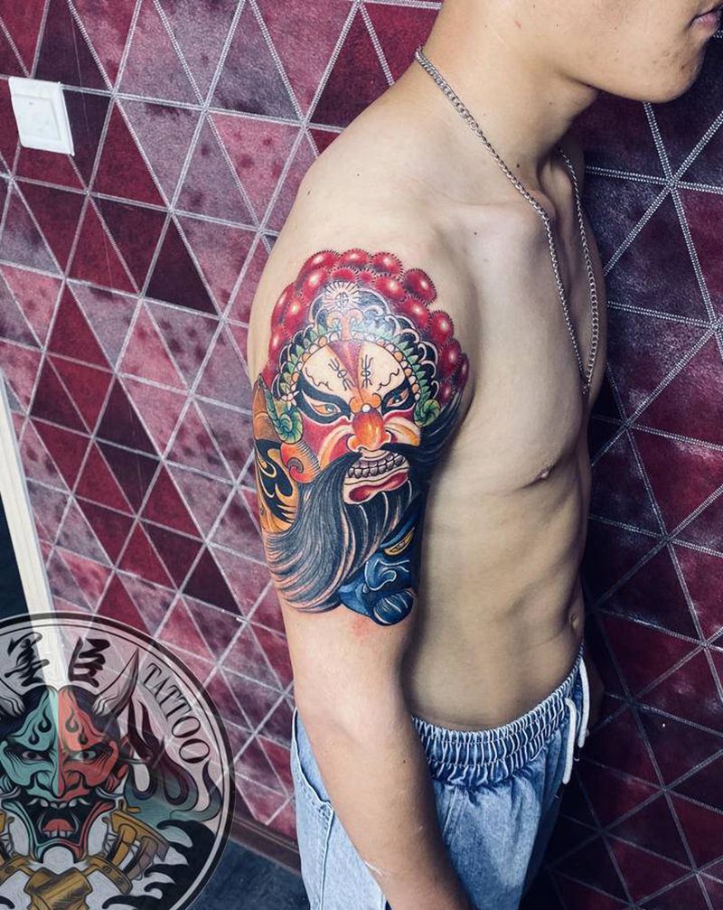 霸王纹身图片_肩部手部新传统老传统霸王面具重彩纹身图案