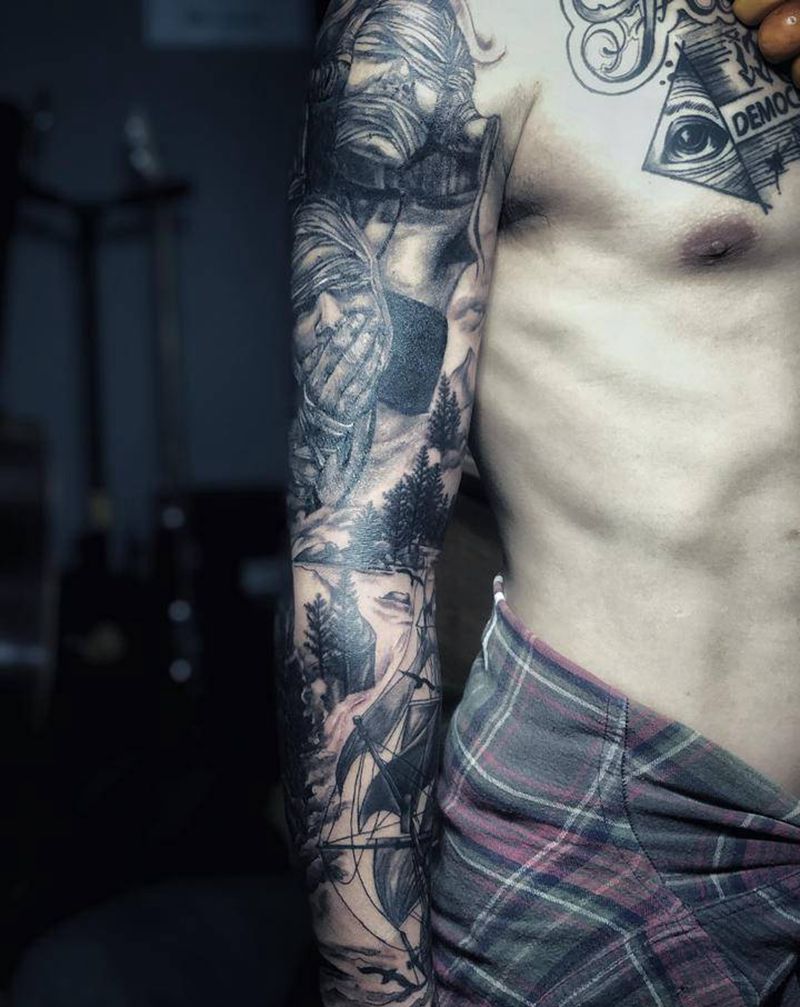 黑灰花臂纹身图片_手臂欧美写实纹身图案