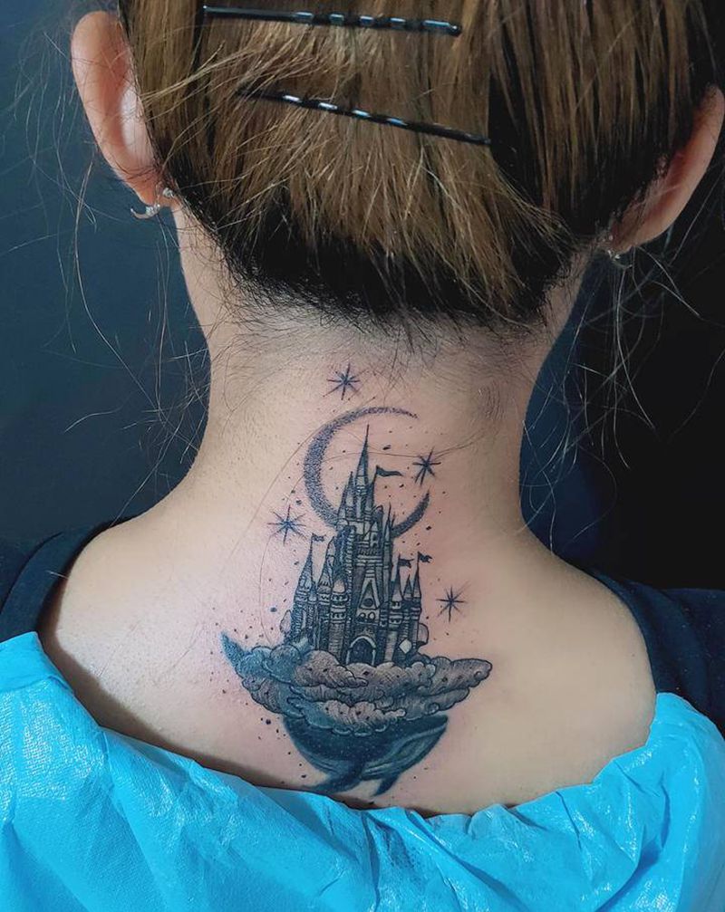 城堡纹身图片_颈部点刺纹身图案