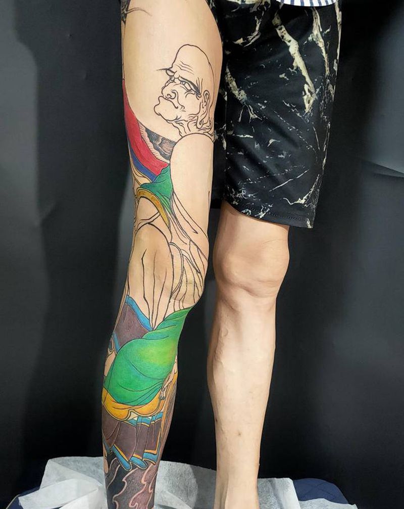 十六羅漢圖，第四蘇頻陀尊者纹身图片_腿部新传统纹身图案