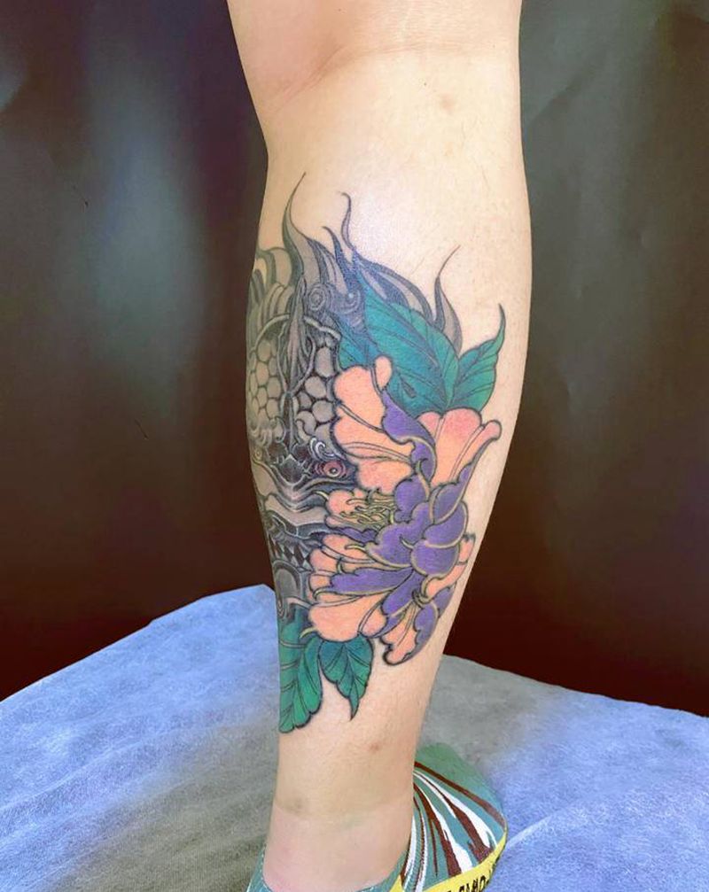 唐狮纹身图片_腿部新传统纹身图案