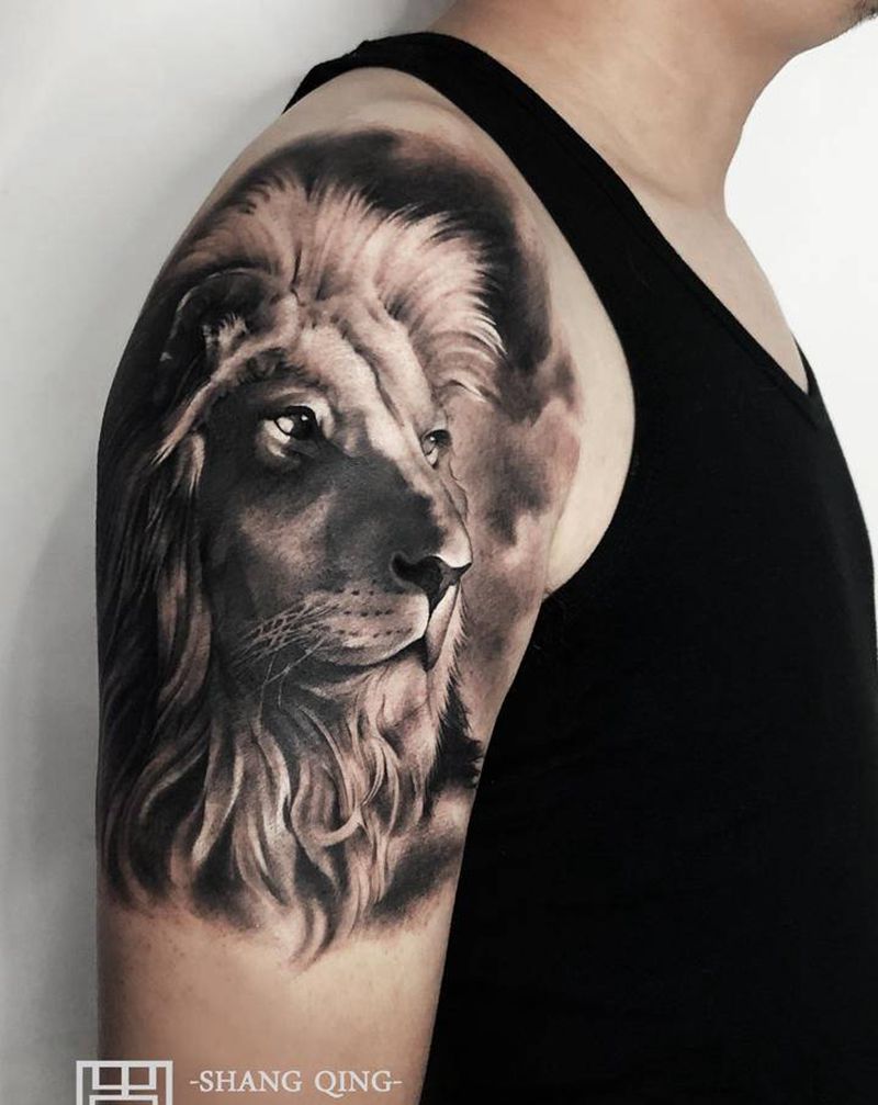 狮子纹身图片_腿部手臂欧美写实New School纹身图案
