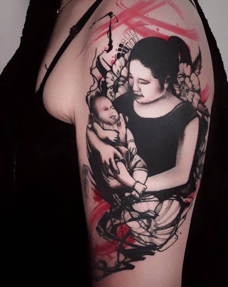 母子纹身图片_肩部手臂欧美写实几何纹身图案
