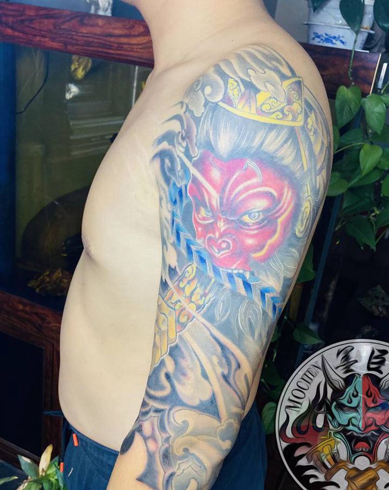 齐天大圣纹身图片_肩部手臂新传统老传统孙悟空龙头猴子纹身图案